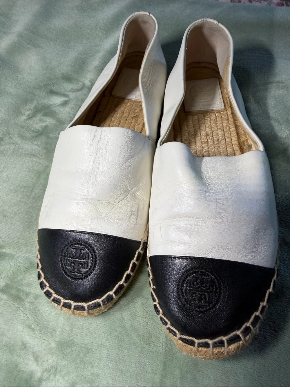 Tory Burch White Leather Espadrille Slip-Ons with Black Toe Cap